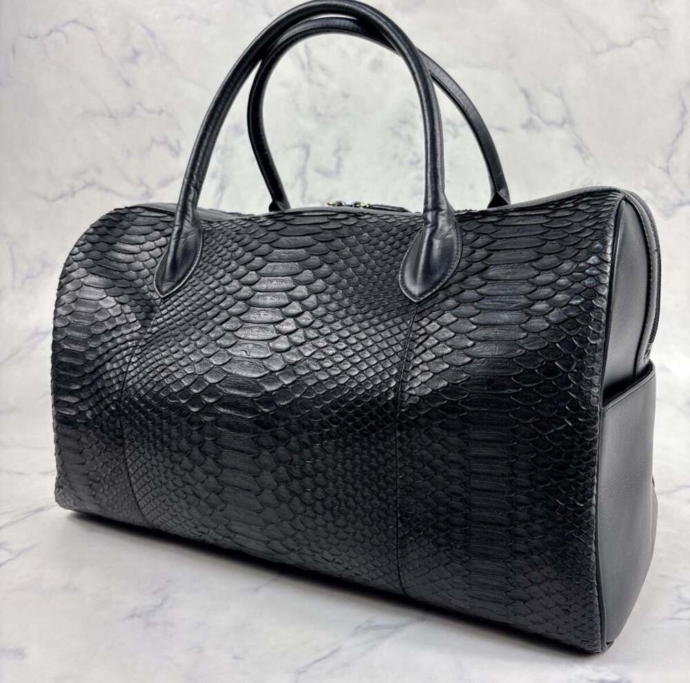 Vintage Genuine Python Snakeskin Leather Boston Duffle Travel Bag Black